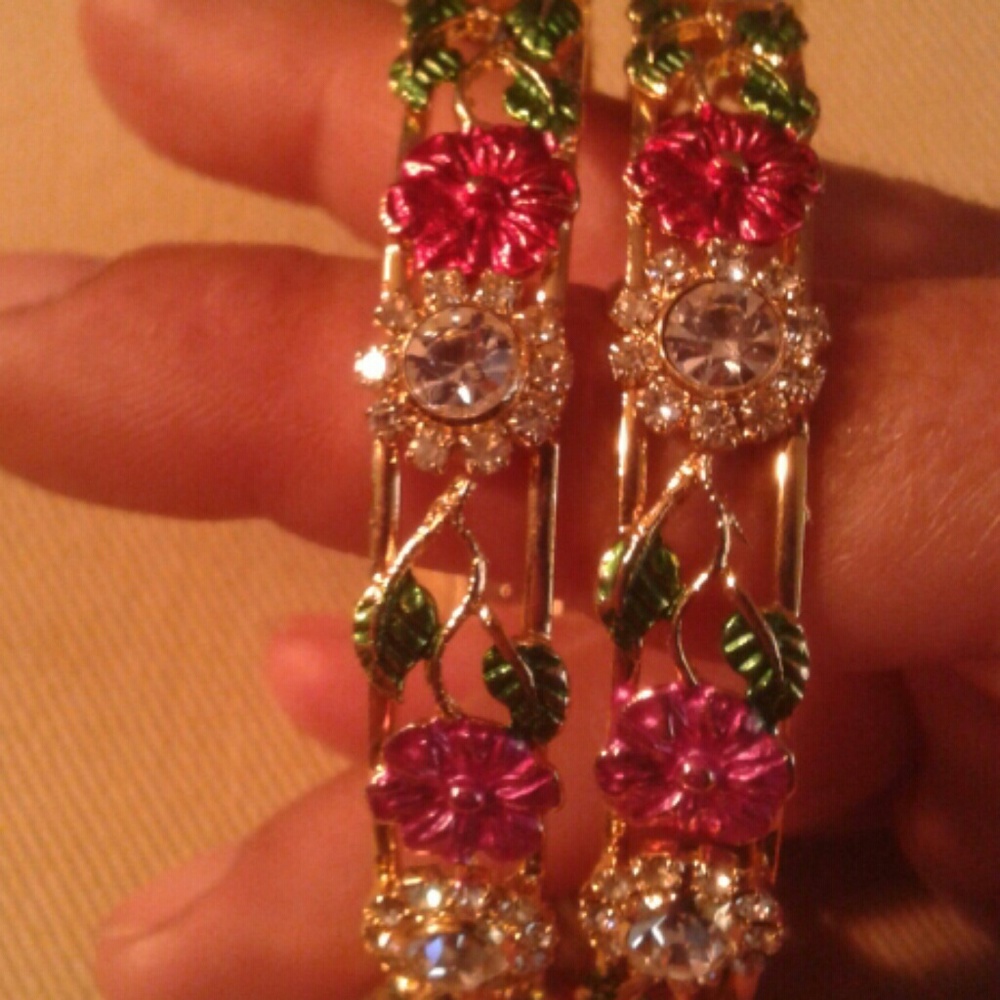 SALE! Colorful blue, green, pink, flowers & crystals inside gold tone 2 bangles